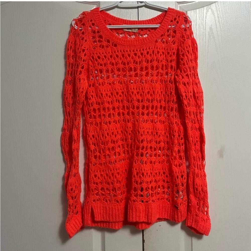 Hollister Neon Orange Wool-Blend Loose Knit Crochet Sweater